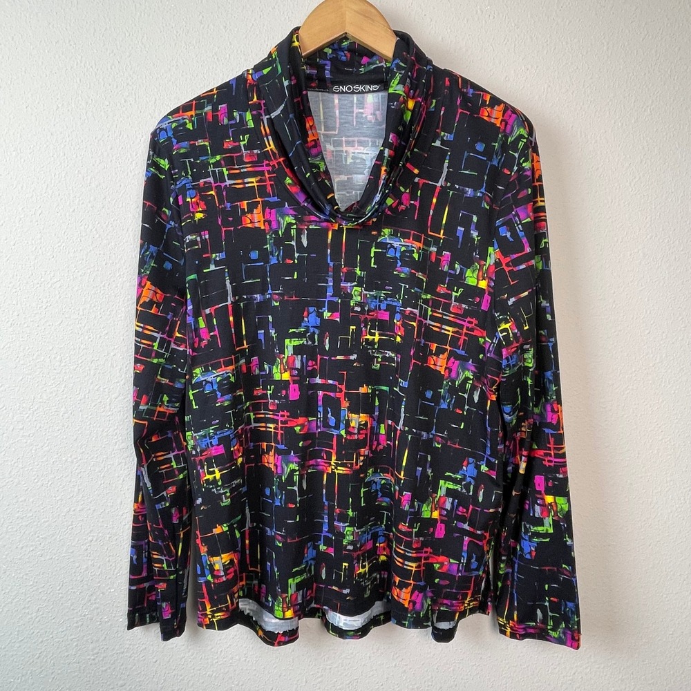 Snoskins Abstract Geometric‎ Cowl Neck Top Womens XL Black Multi Long Sleeve USA